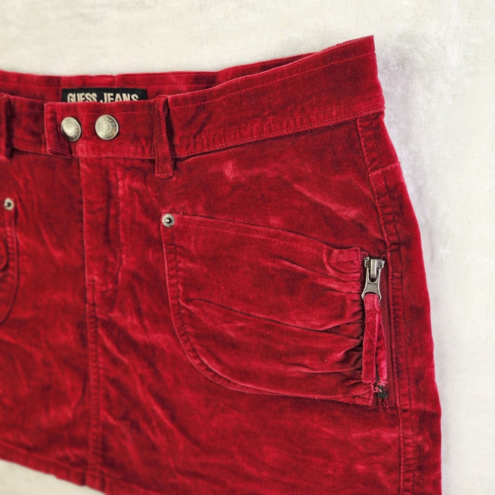 Vintage 90s Guess Velour Micro Mini Skirt Womens 27 Red Cargo Utility Whimsigoth - Picture 3 of 13